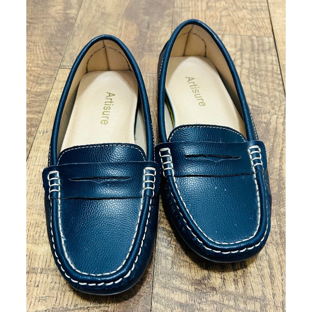 Artisure Womens Navy Blue Pebbled Leather Penny Loafers Driving Mocs Size 6 US